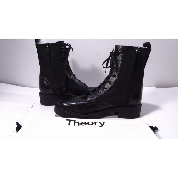 Theory Women's Laced Boot Combat Nylon Leather Booites Black NIB 598 Sz 40 - Picture 14 of 16